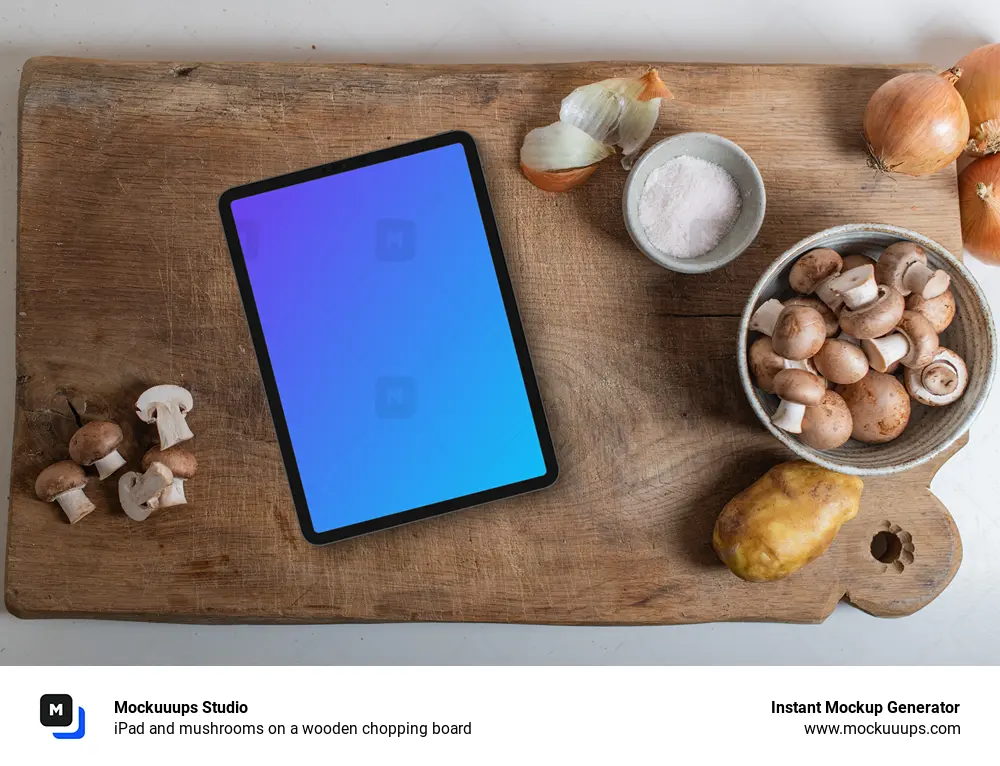 iPad and mushrooms on a wooden chopping board
