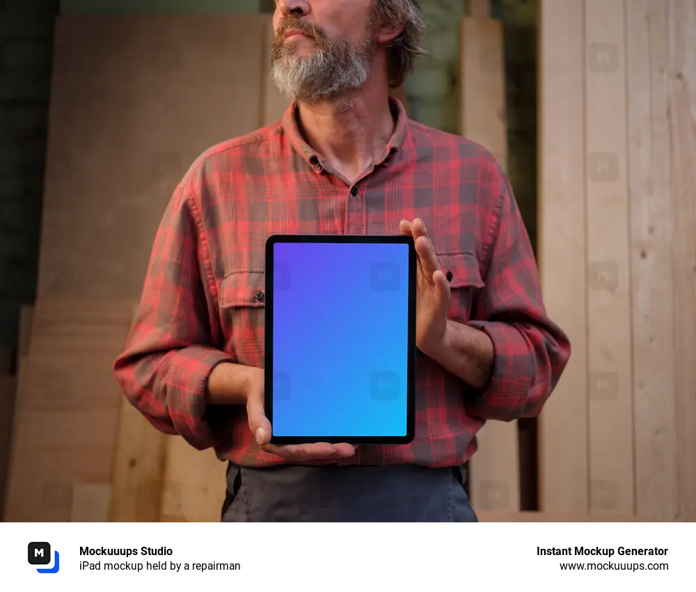 iPad mockup held by a repairman