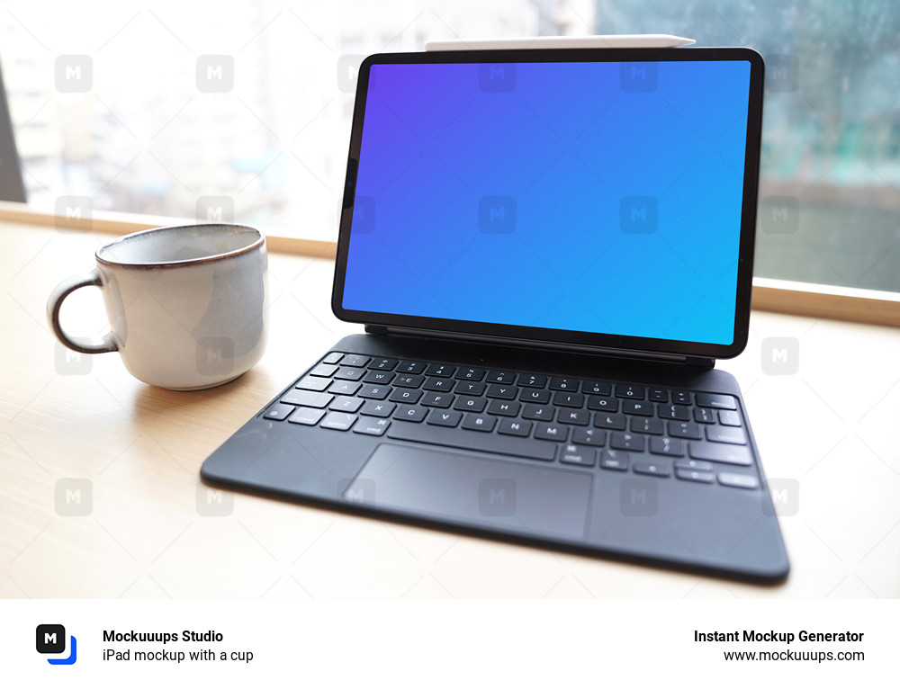 iPad mockup with a cup