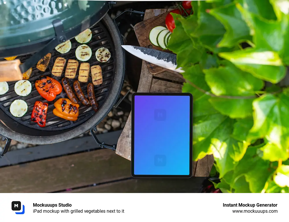 iPad mockup with grilled vegetables next to it