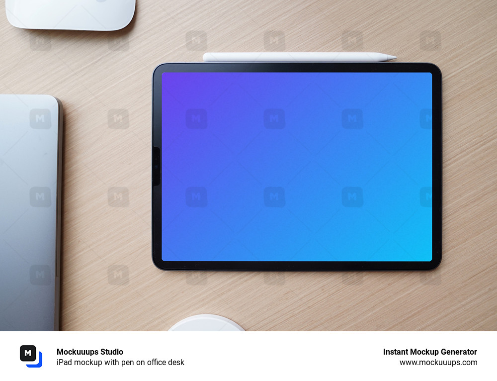 iPad mockup with pen on office desk