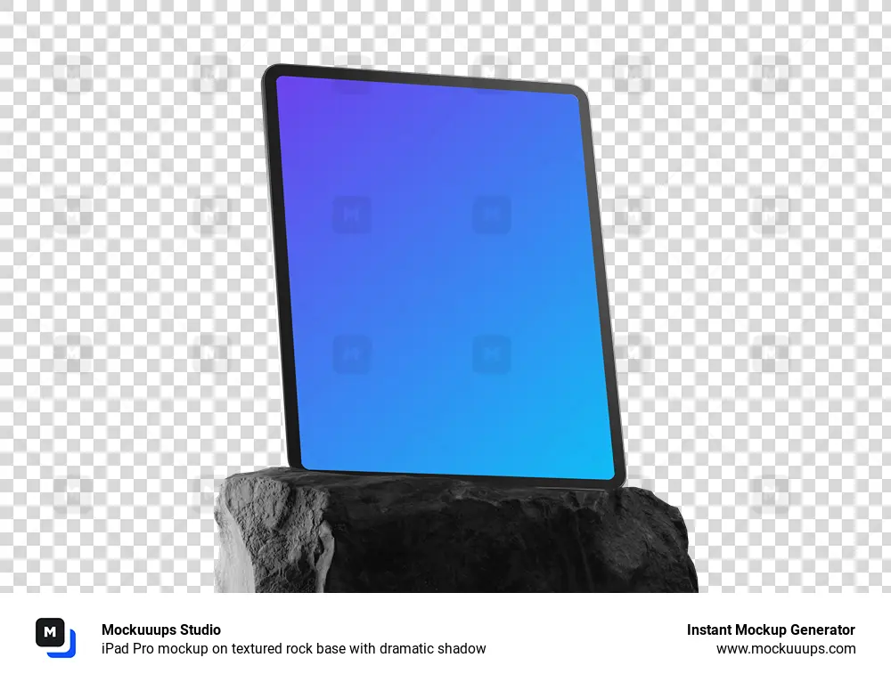 iPad Pro mockup on textured rock base with dramatic shadow