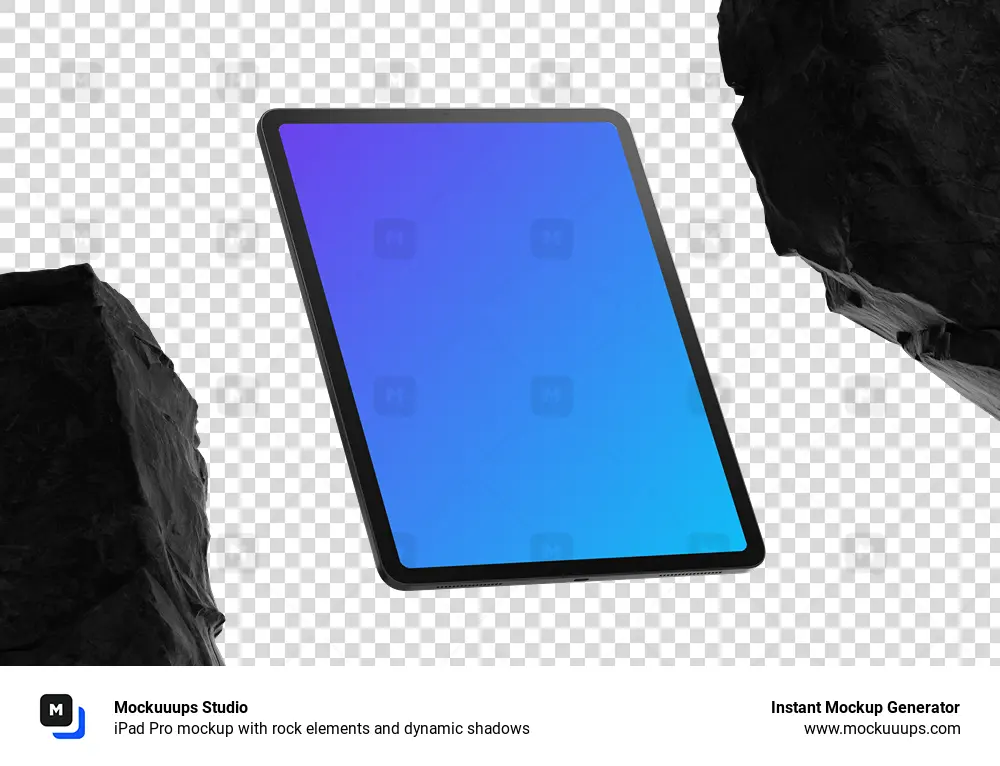 iPad Pro mockup with rock elements and dynamic shadows