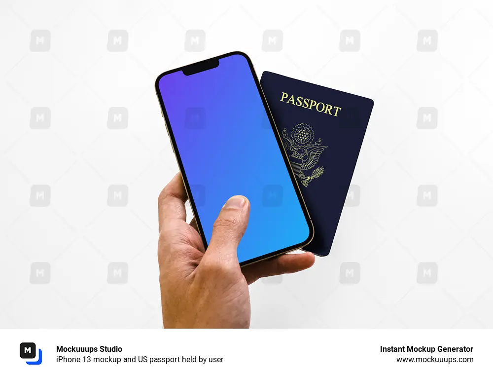 iPhone 13 mockup and US passport held by user