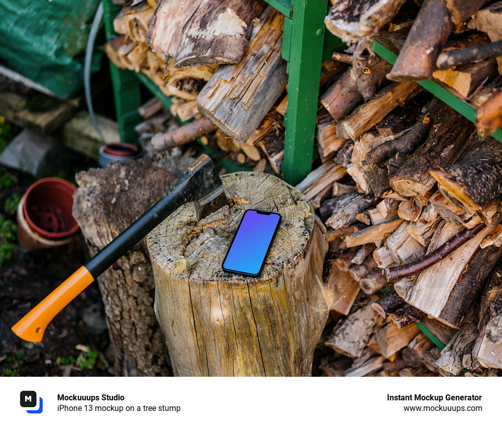 iPhone 13 mockup on a tree stump