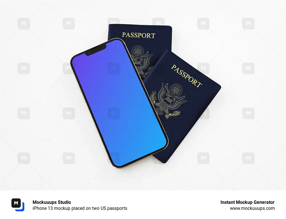 iPhone 13 mockup placed on two US passports 