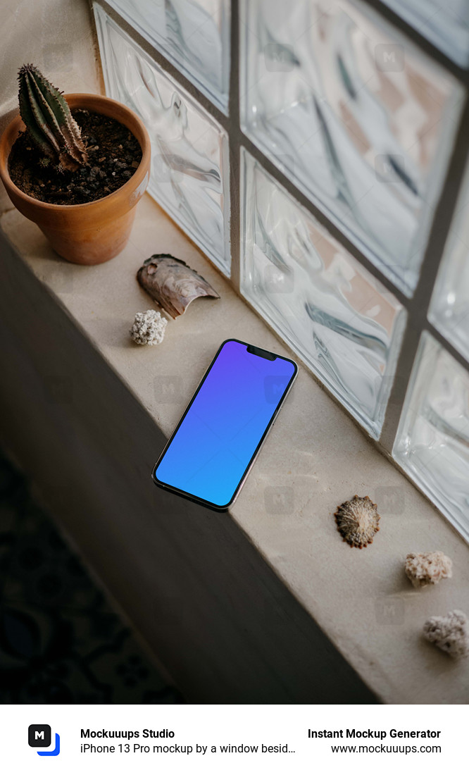 iPhone 13 Pro mockup by a window beside some seashells