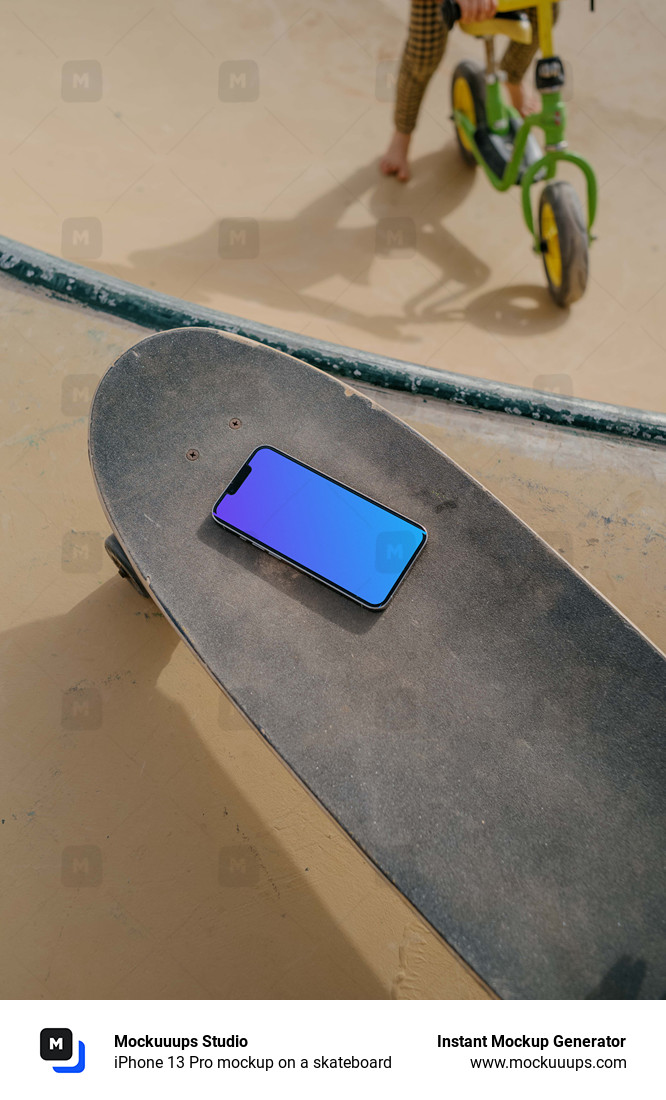  iPhone 13 Pro mockup on a skateboard