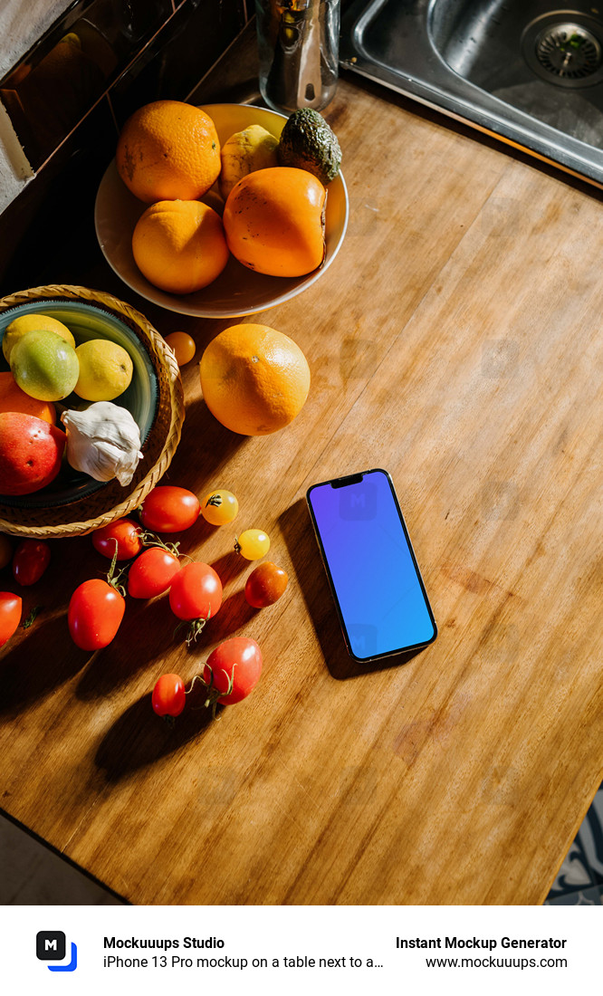 iPhone 13 Pro mockup on a table next to a bowl of fruits