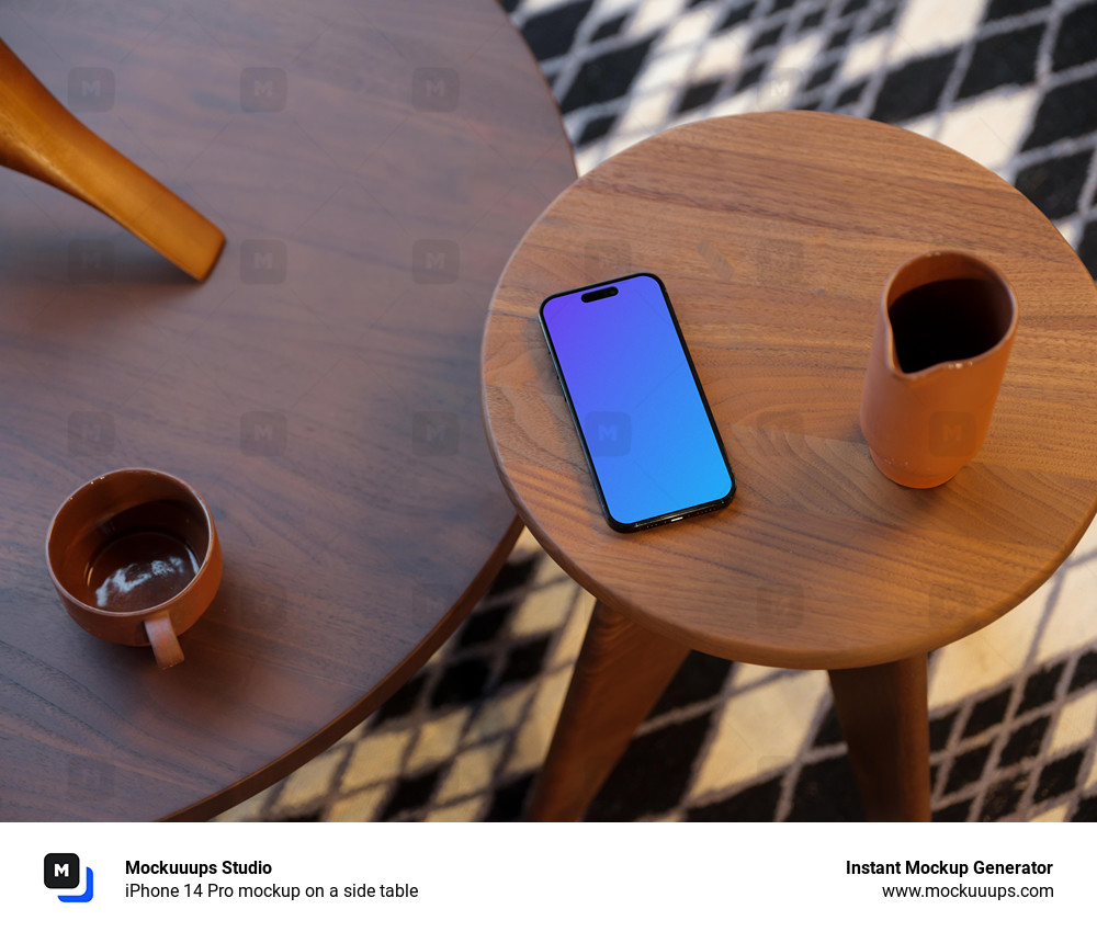 iPhone 14 Pro mockup on a side table