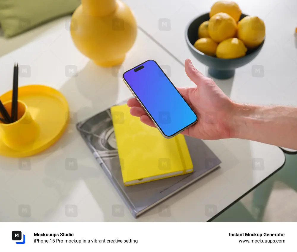 iPhone 15 Pro mockup in a vibrant creative setting