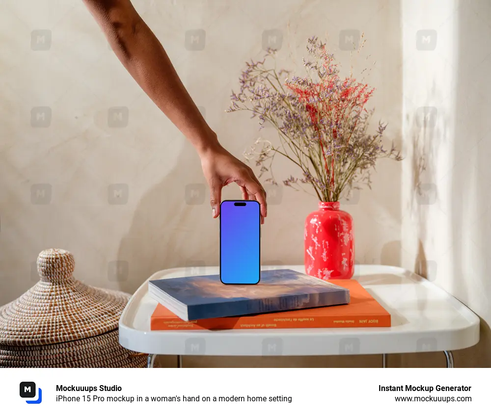 iPhone 15 Pro mockup in a woman's hand on a modern home setting