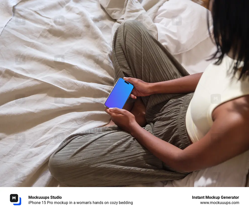 iPhone 15 Pro mockup in a woman's hands on cozy bedding