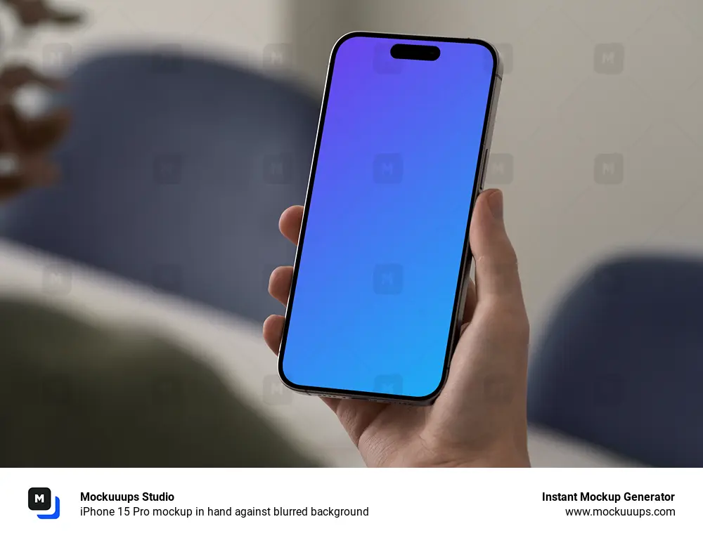 iPhone 15 Pro mockup in hand against blurred background