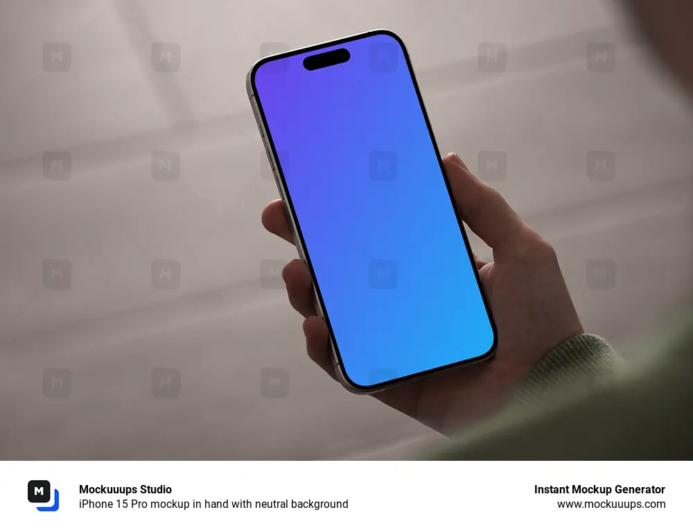 iPhone 15 Pro mockup in hand with neutral background