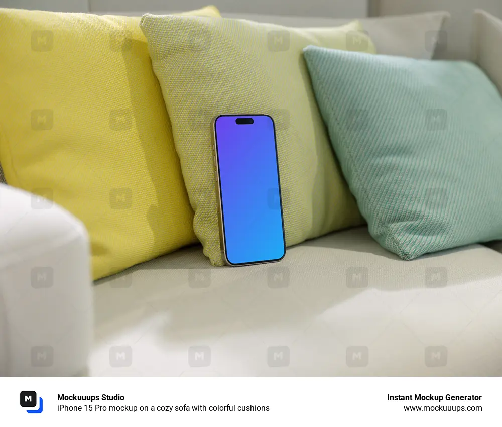 iPhone 15 Pro mockup on a cozy sofa with colorful cushions