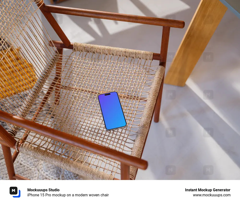 iPhone 15 Pro mockup on a modern woven chair