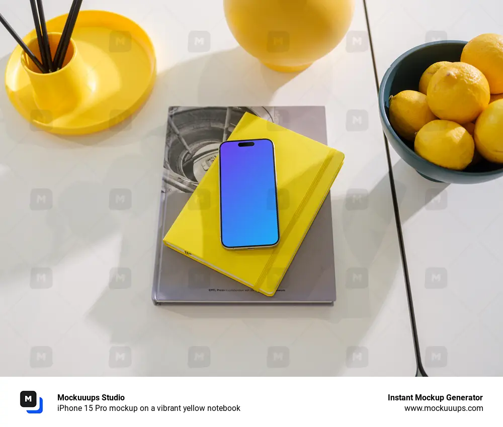 iPhone 15 Pro mockup on a vibrant yellow notebook