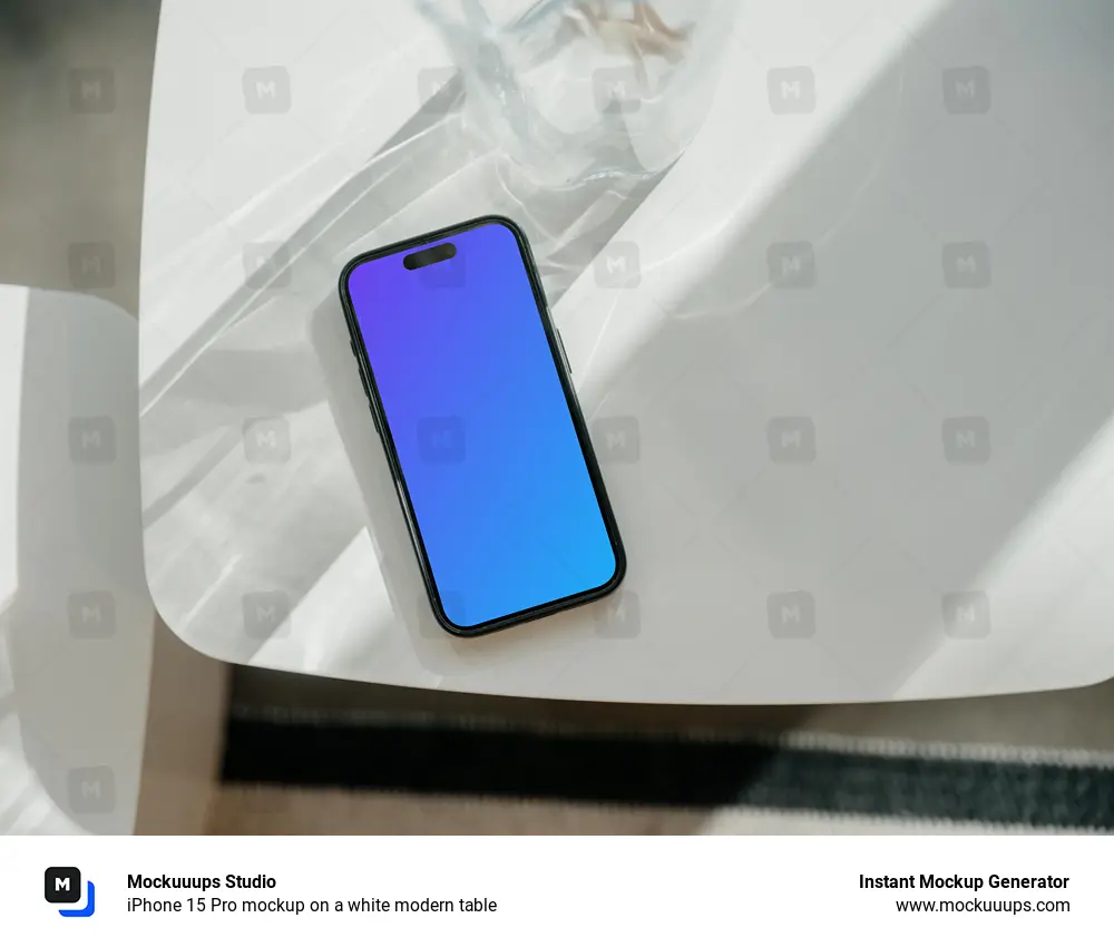 iPhone 15 Pro mockup on a white modern table