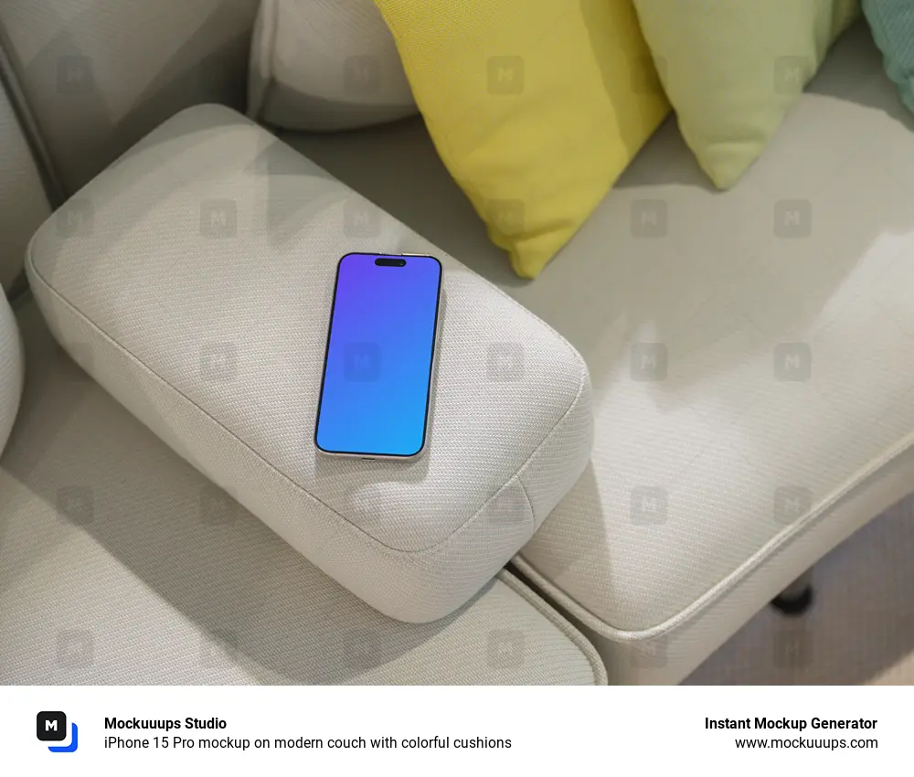 iPhone 15 Pro mockup on modern couch with colorful cushions