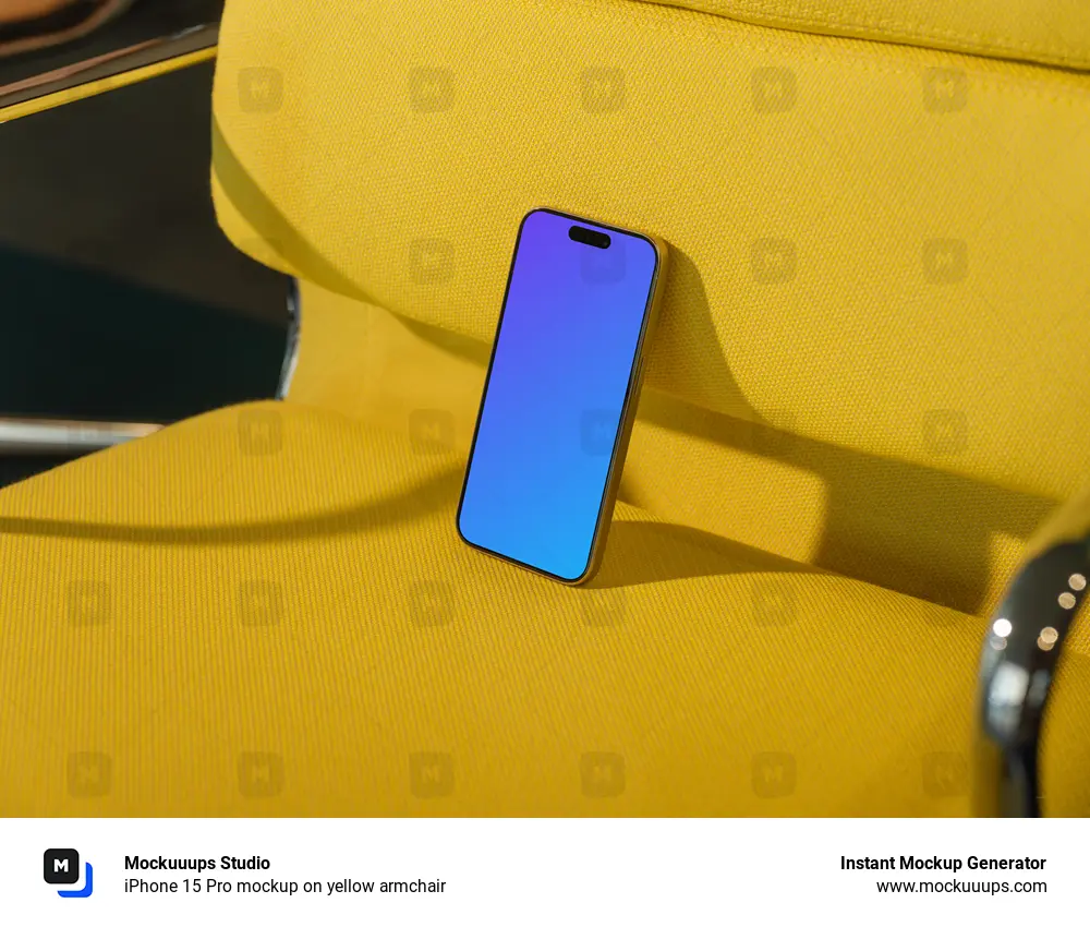 iPhone 15 Pro mockup on yellow armchair