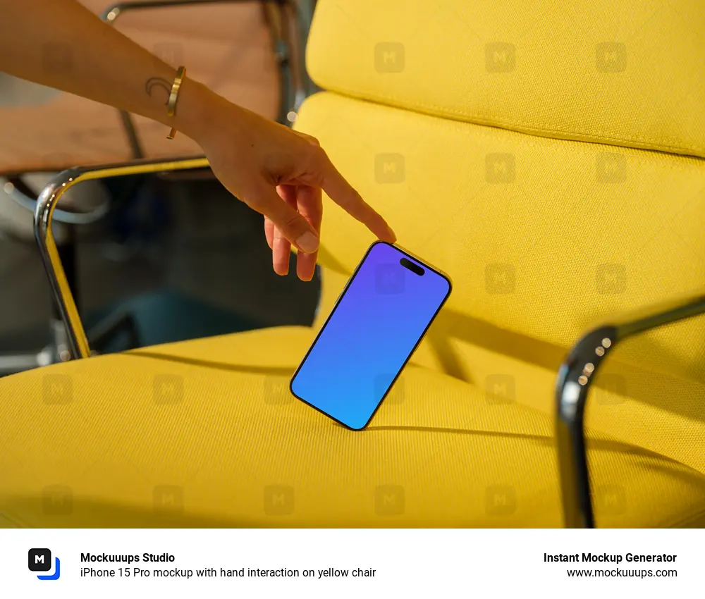 iPhone 15 Pro mockup with hand interaction on yellow chair