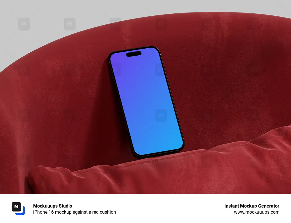 iPhone 16 mockup against a red cushion