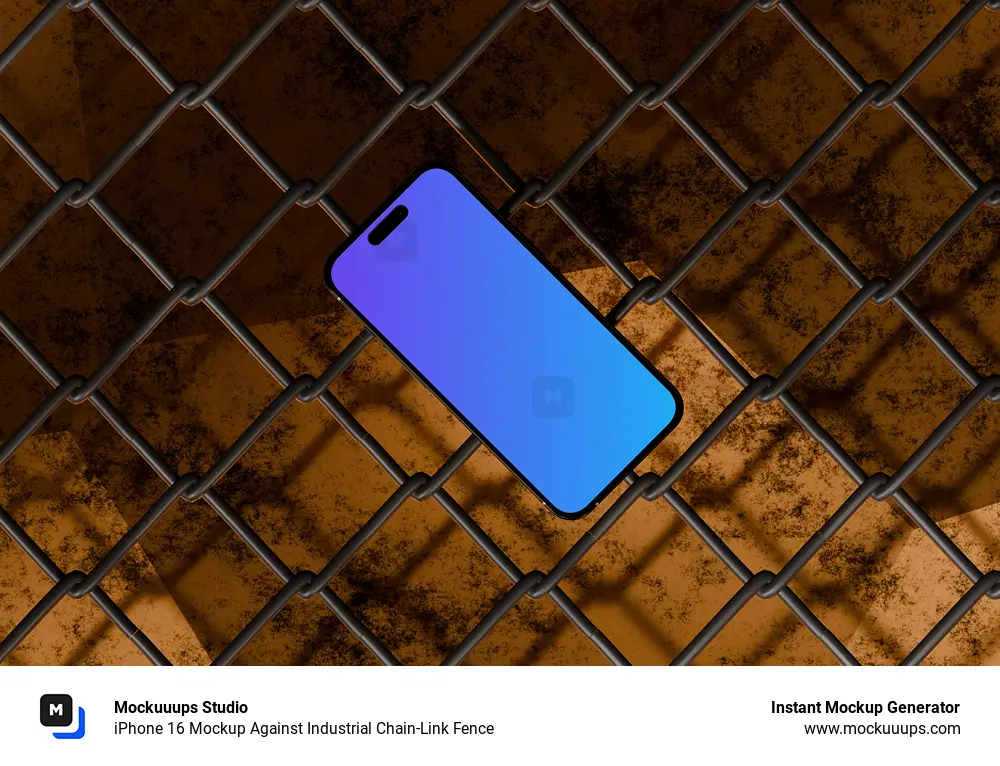 iPhone 16 Mockup Against Industrial Chain-Link Fence