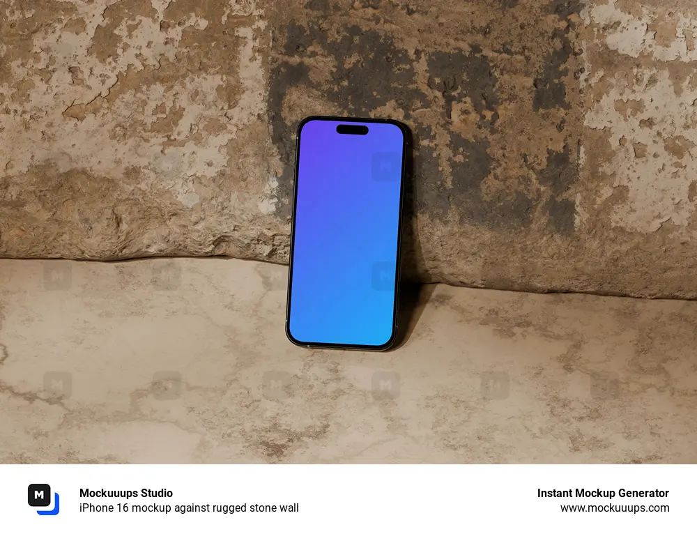 iPhone 16 mockup against rugged stone wall