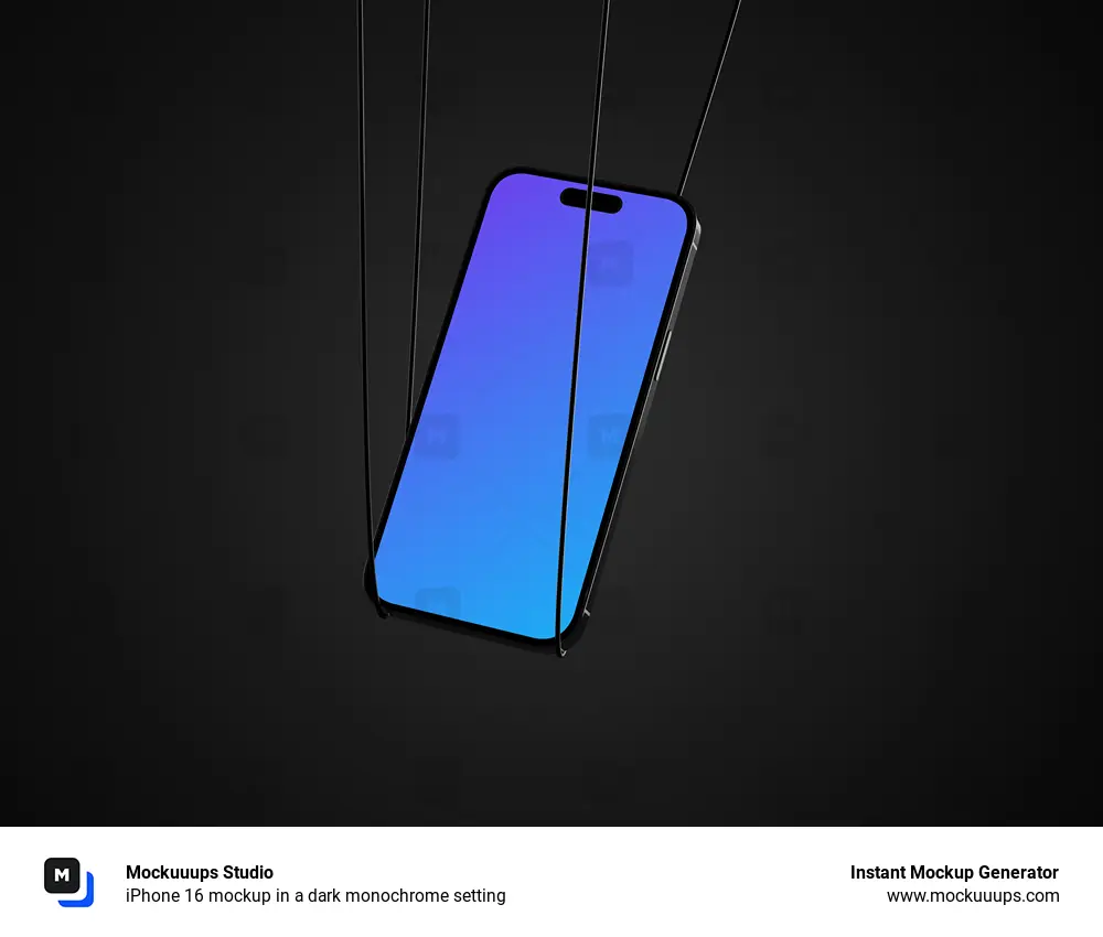 iPhone 16 mockup in a dark monochrome setting