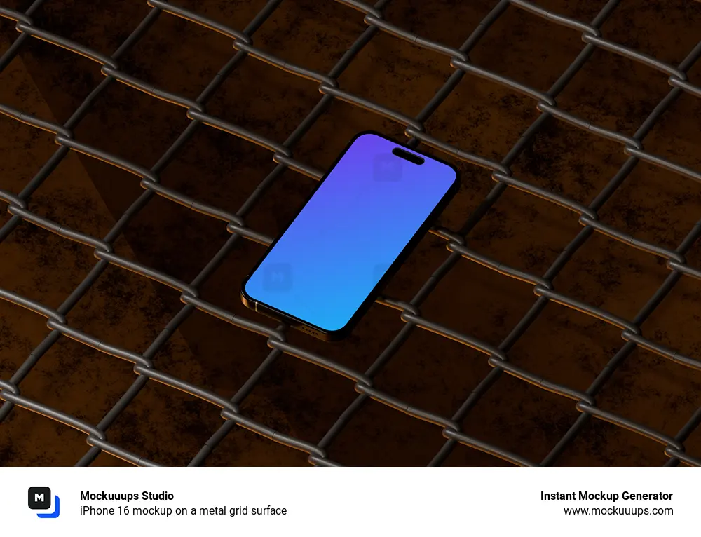 iPhone 16 mockup on a metal grid surface