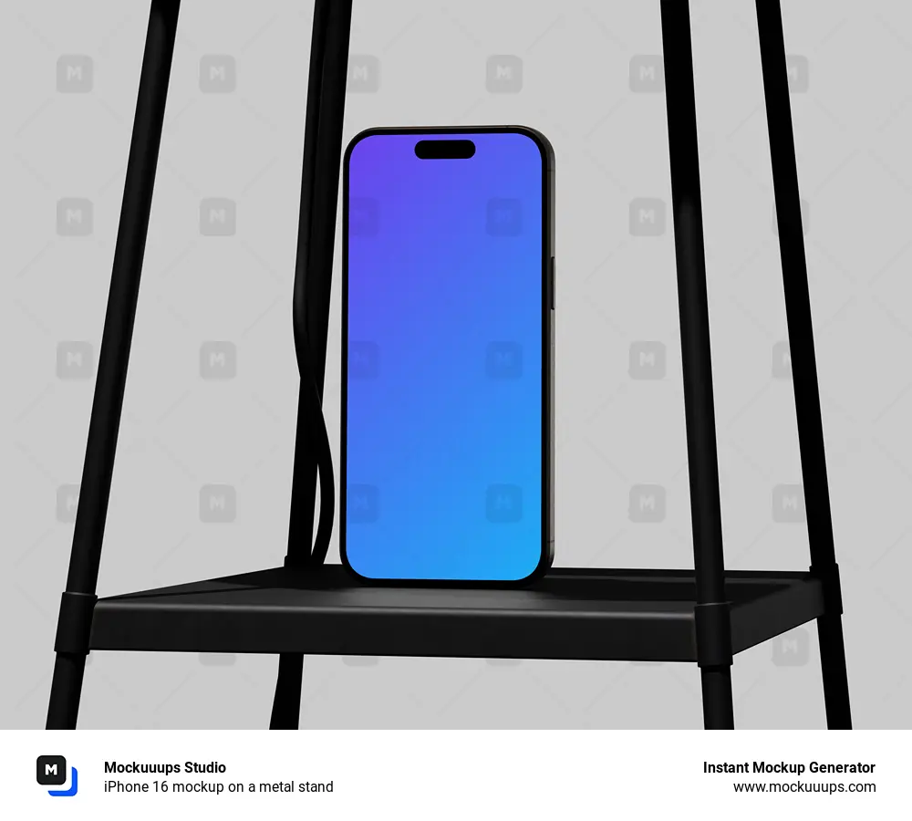 iPhone 16 mockup on a metal stand