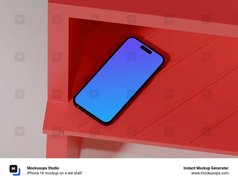 iPhone 16 mockup on a red shelf