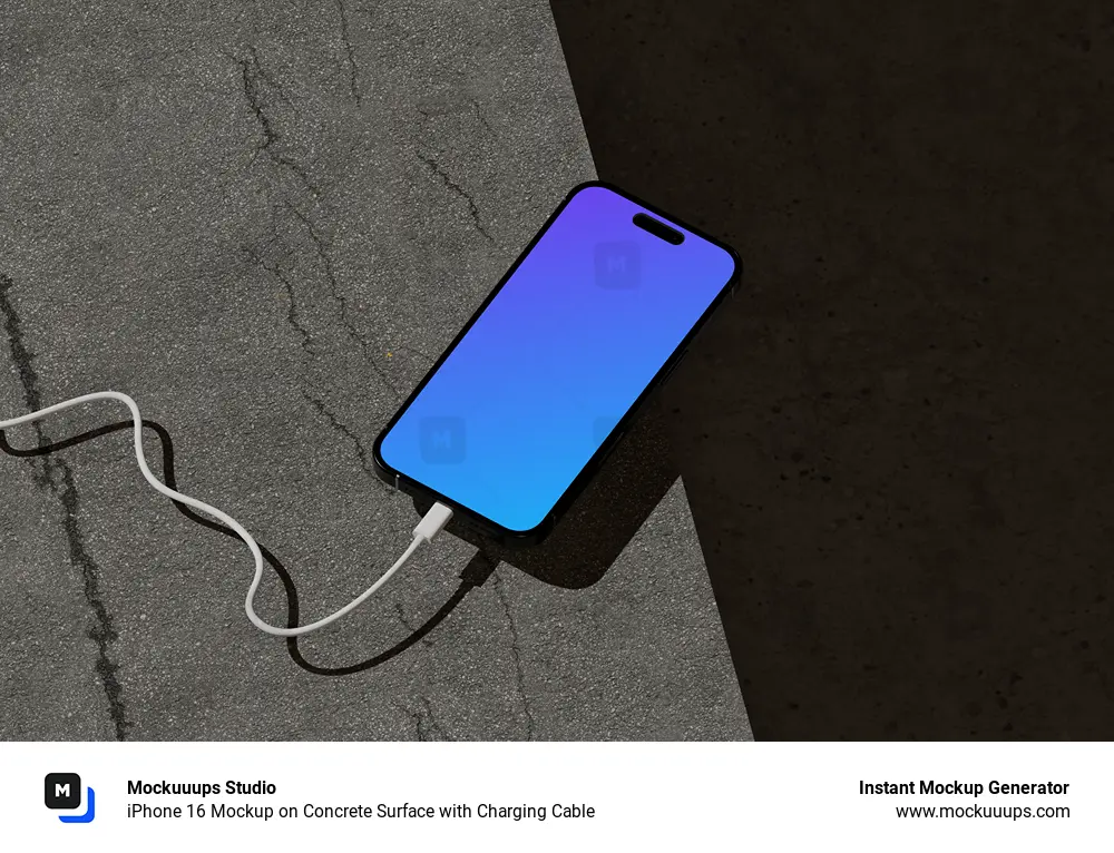 iPhone 16 Mockup on Concrete Surface with Charging Cable