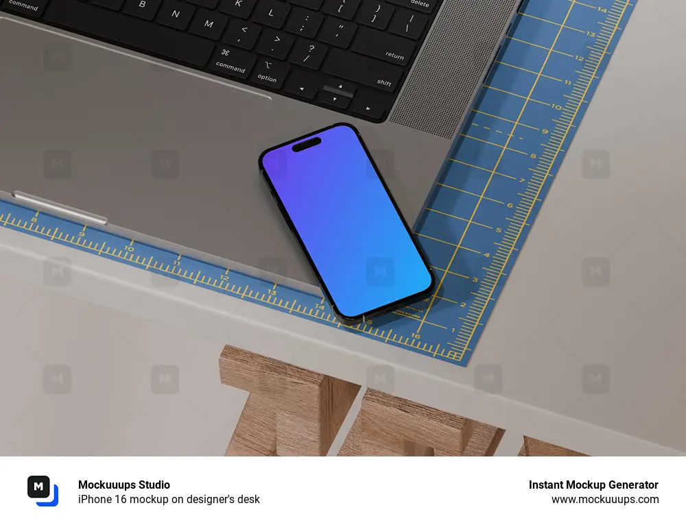 iPhone 16 mockup on designer's desk