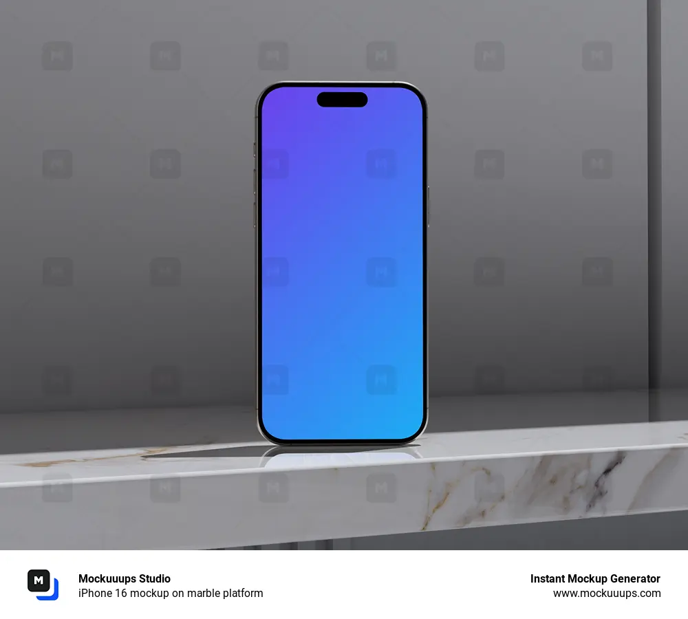 iPhone 16 mockup on marble platform