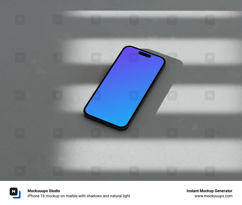 iPhone 16 mockup on marble with shadows and natural light