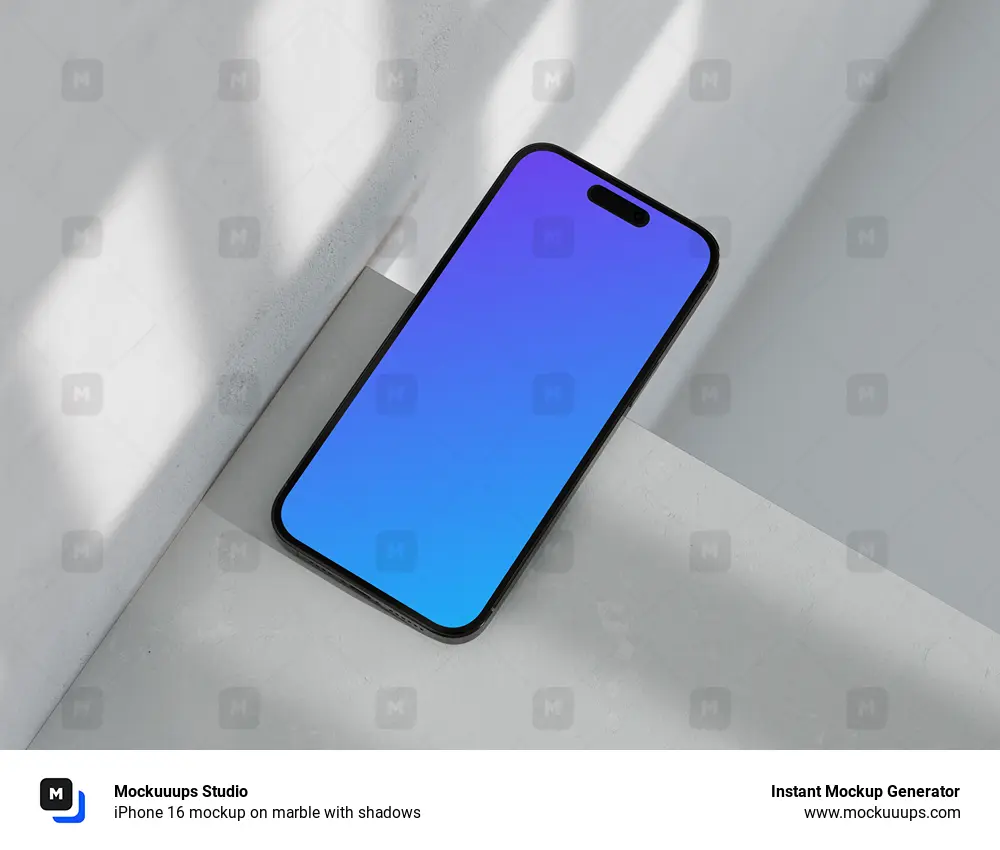 iPhone 16 mockup on marble with shadows