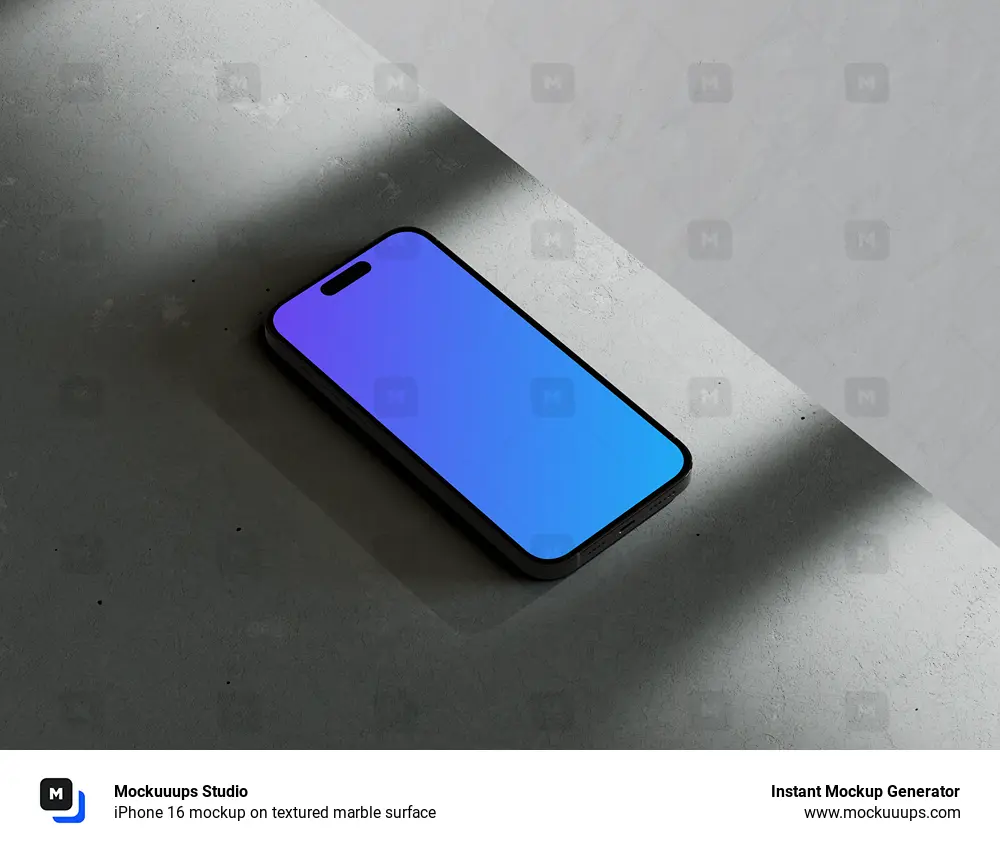 iPhone 16 mockup on textured marble surface