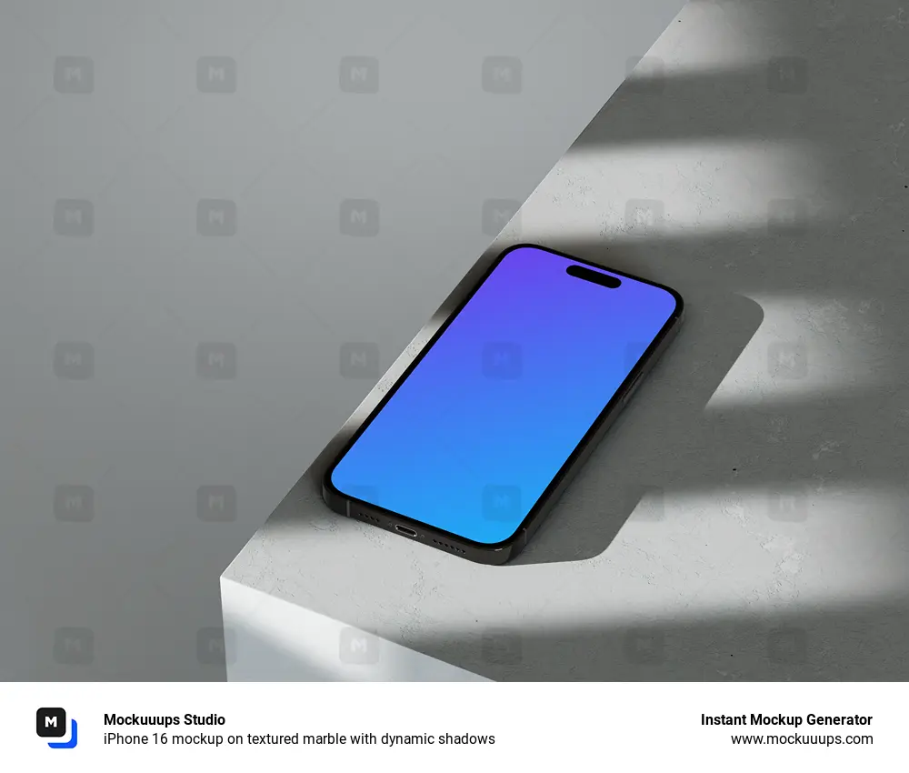 iPhone 16 mockup on textured marble with dynamic shadows