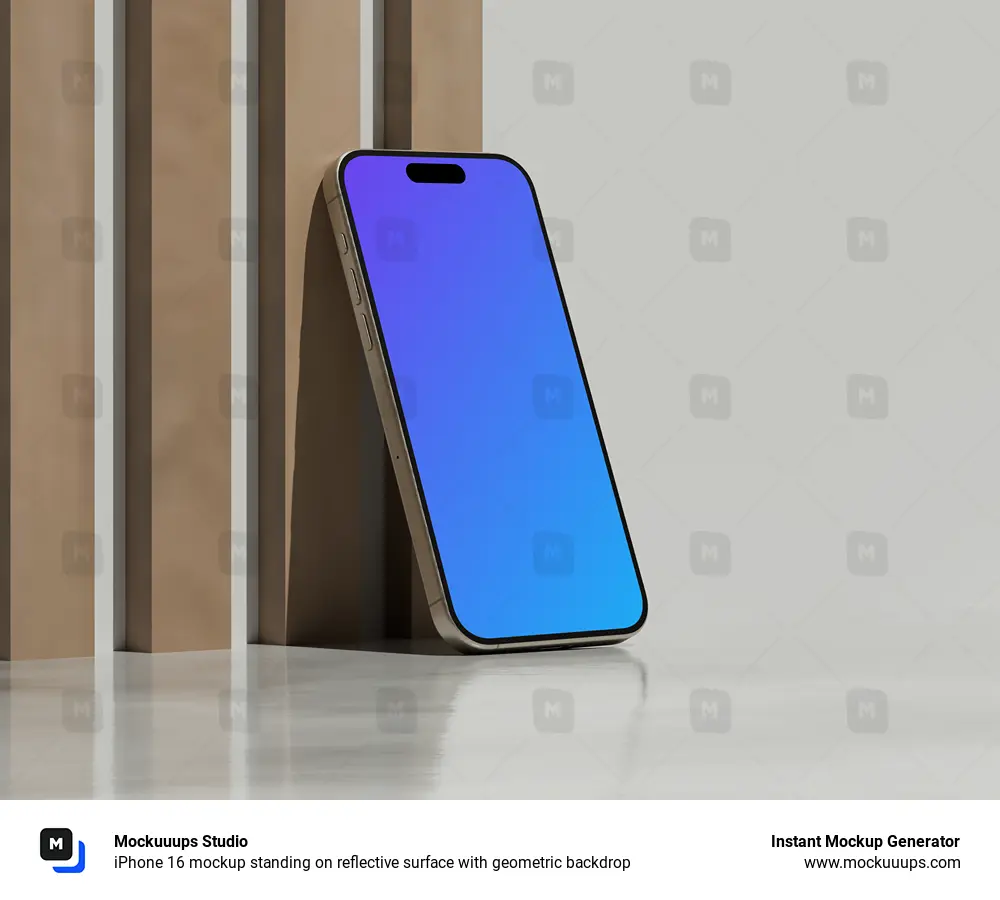 iPhone 16 mockup standing on reflective surface with geometric backdrop