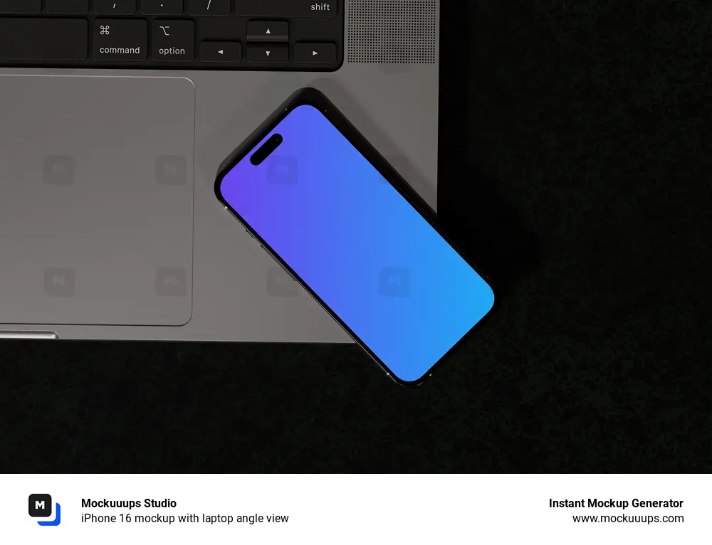 iPhone 16 mockup with laptop angle view