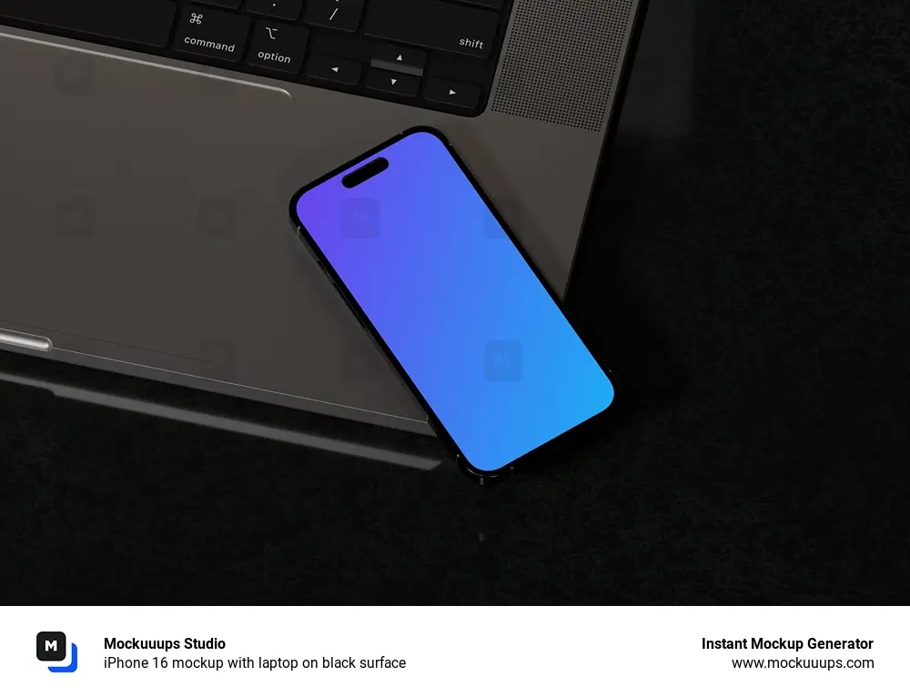 iPhone 16 mockup with laptop on black surface