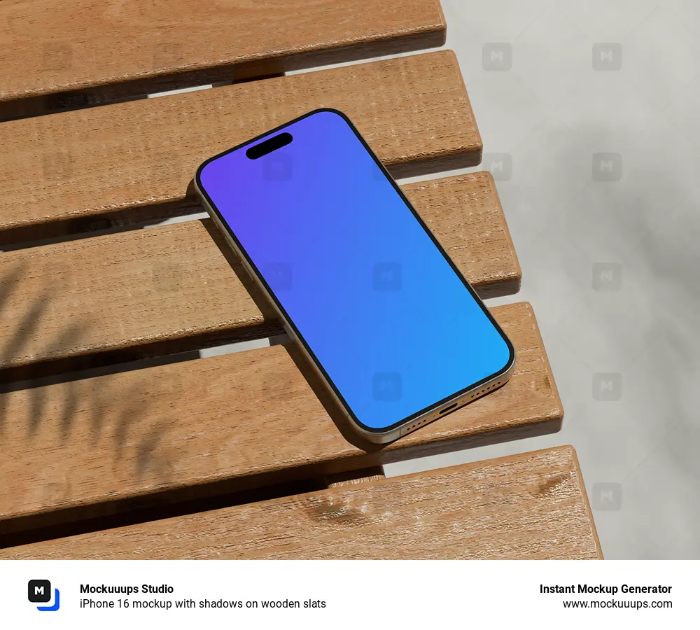 iPhone 16 mockup with shadows on wooden slats