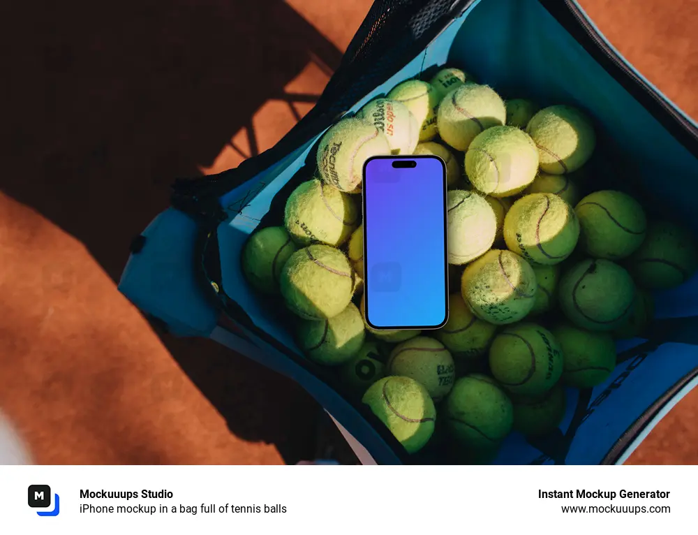 iPhone mockup in a bag full of tennis balls