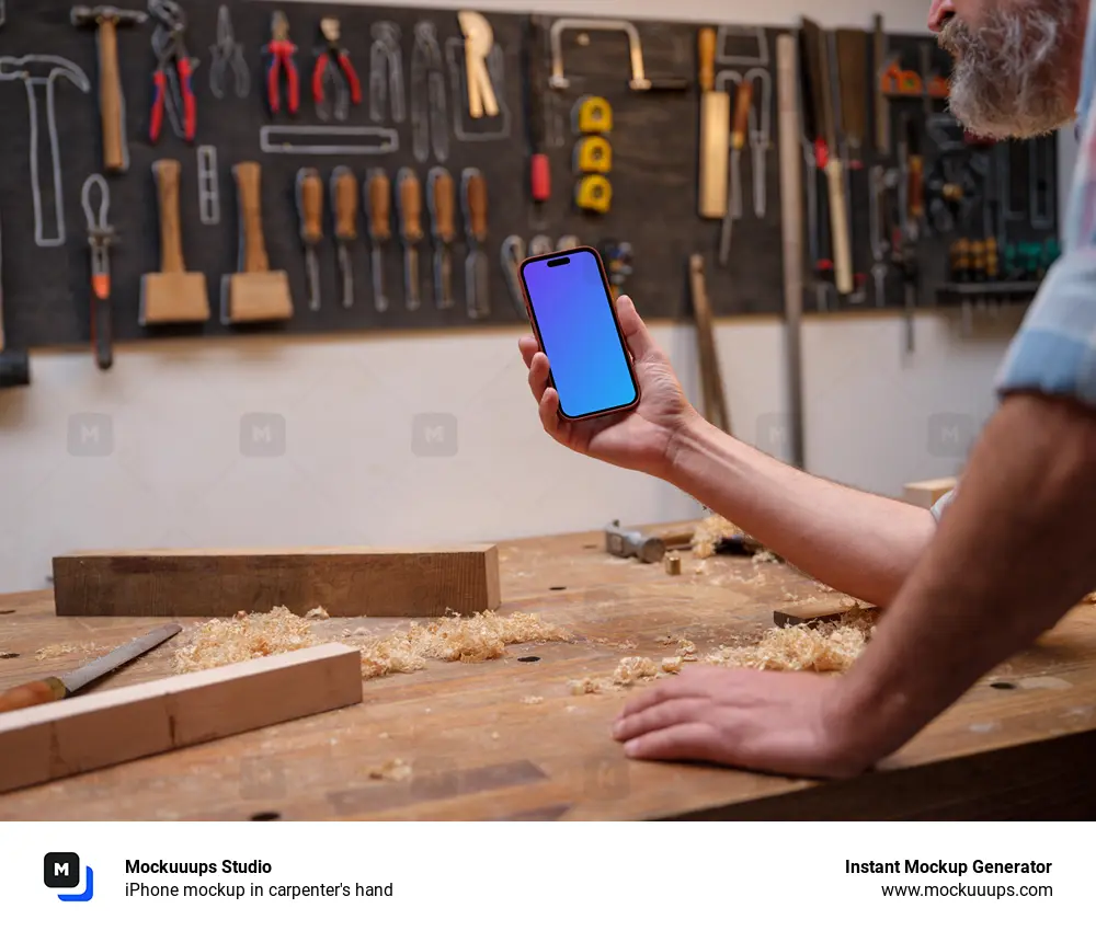 iPhone mockup in carpenter's hand