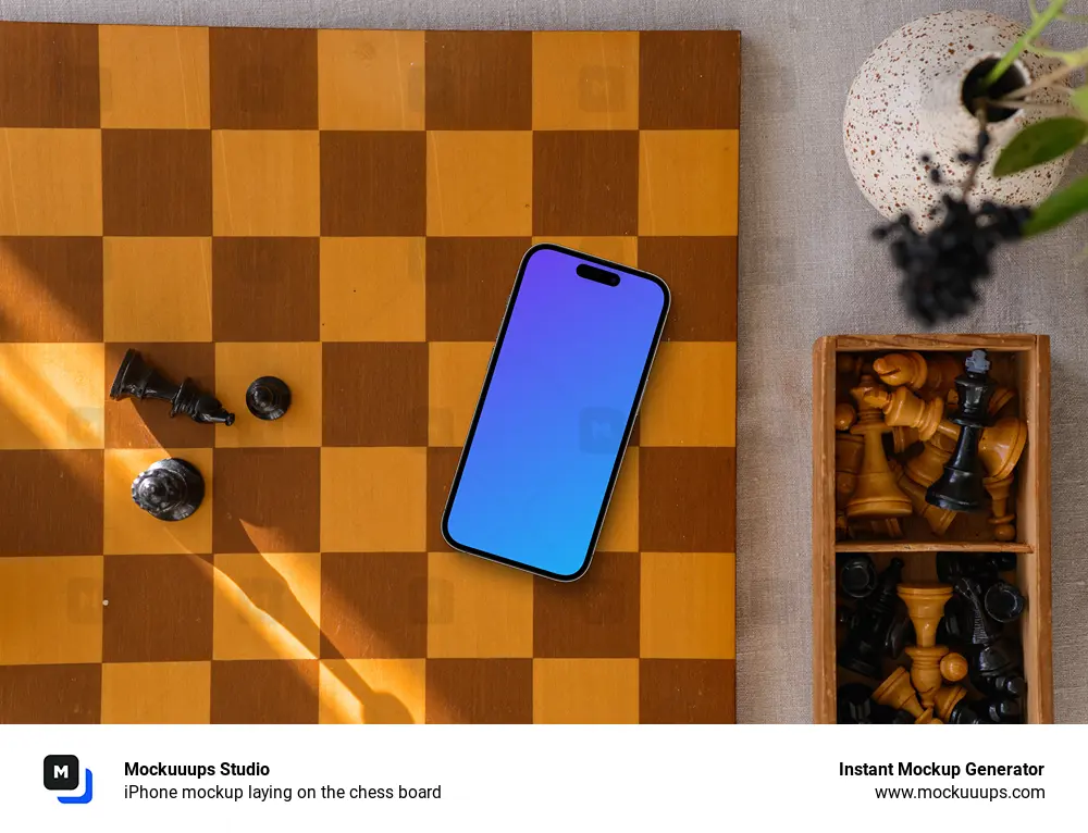 iPhone mockup laying on the chess board