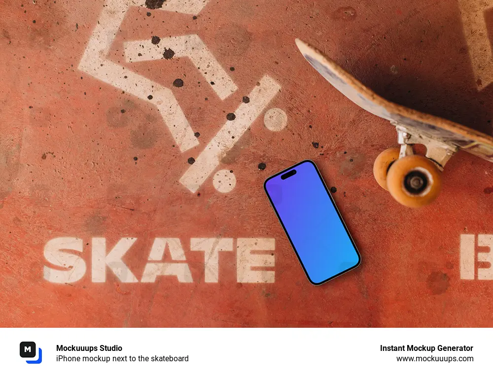 iPhone mockup next to the skateboard
