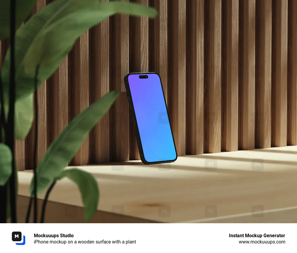iPhone mockup on a wooden surface with a plant