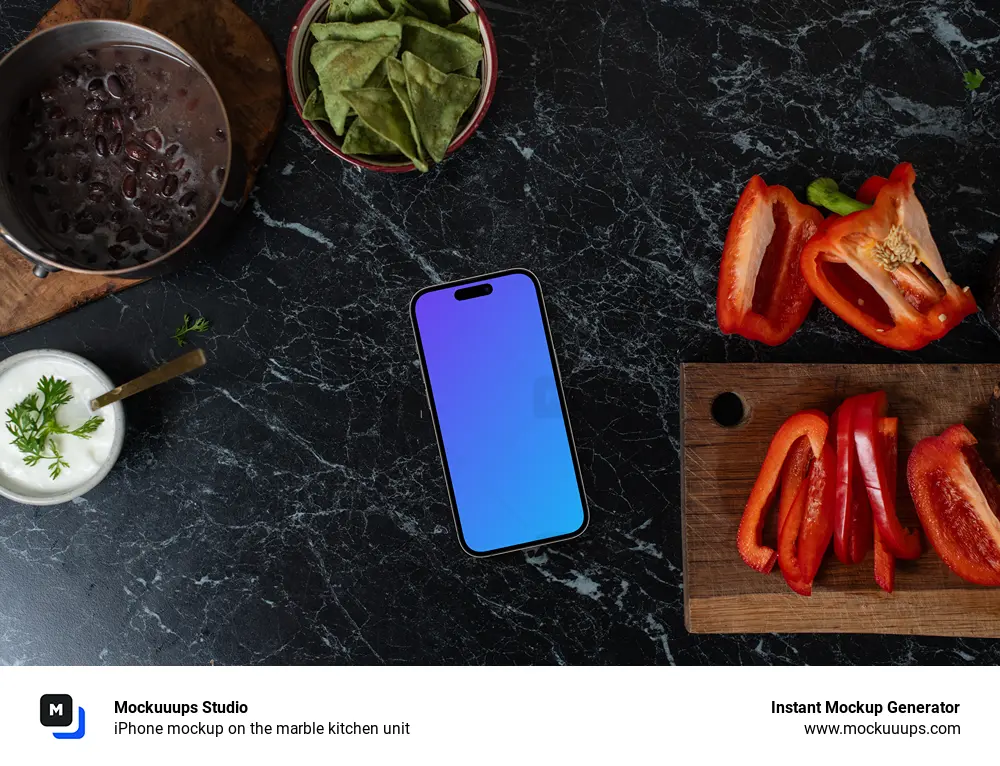 iPhone mockup on the marble kitchen unit